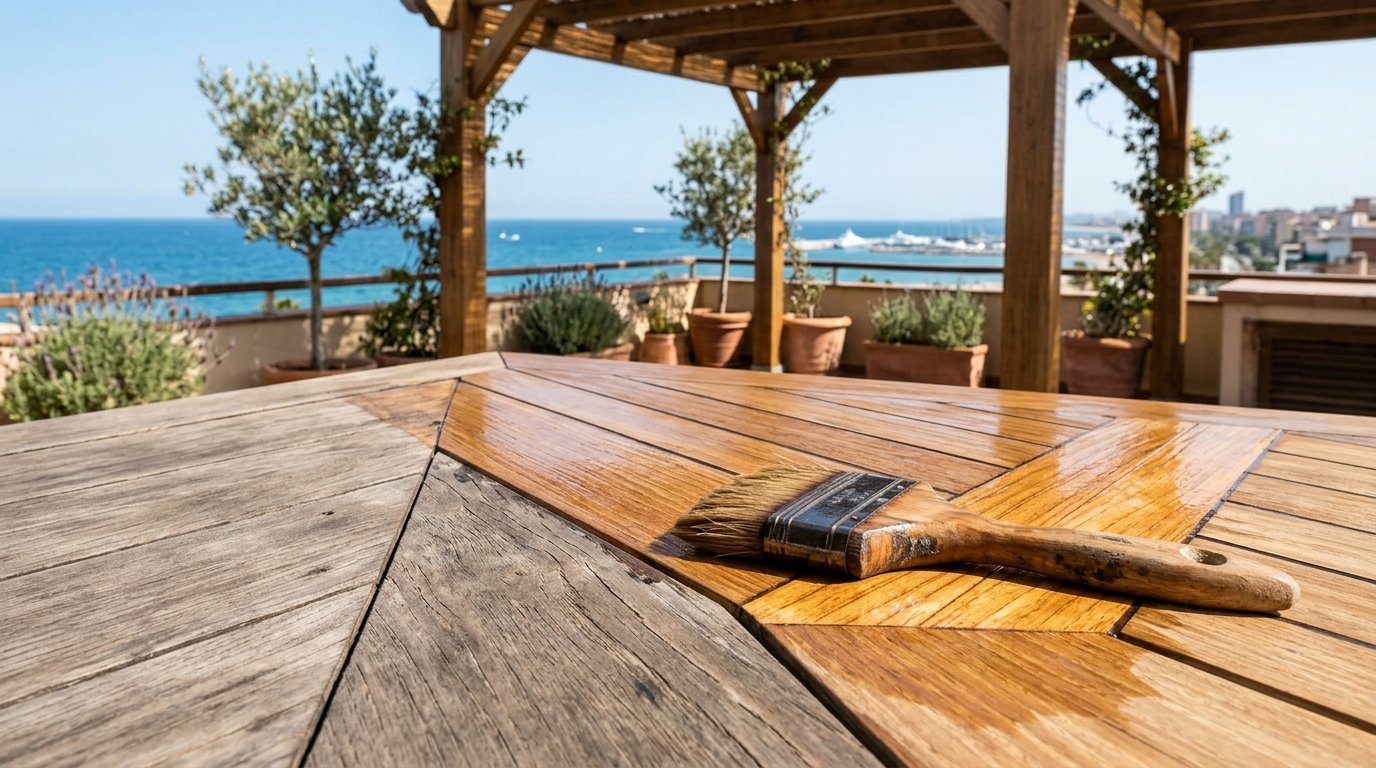 Barnizado y mantenimiento de tarimas de exterior y pérgolas en Badalona
